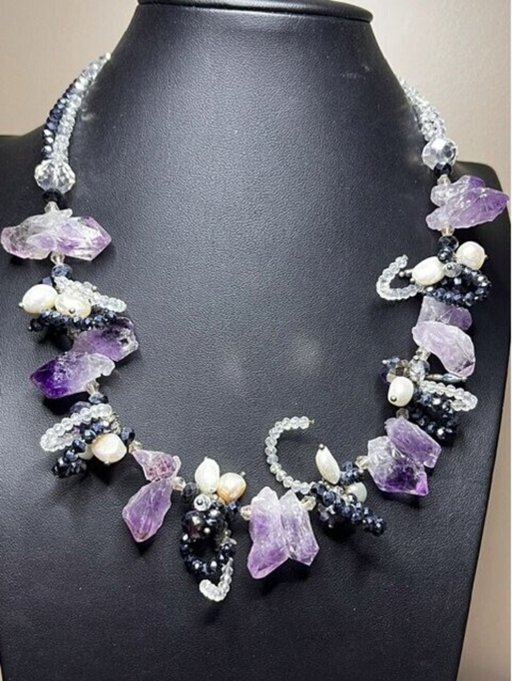 B6868 Artisan Raw Amethyst Pearl Crystal Statement Necklace Magnetic Clasp 19"